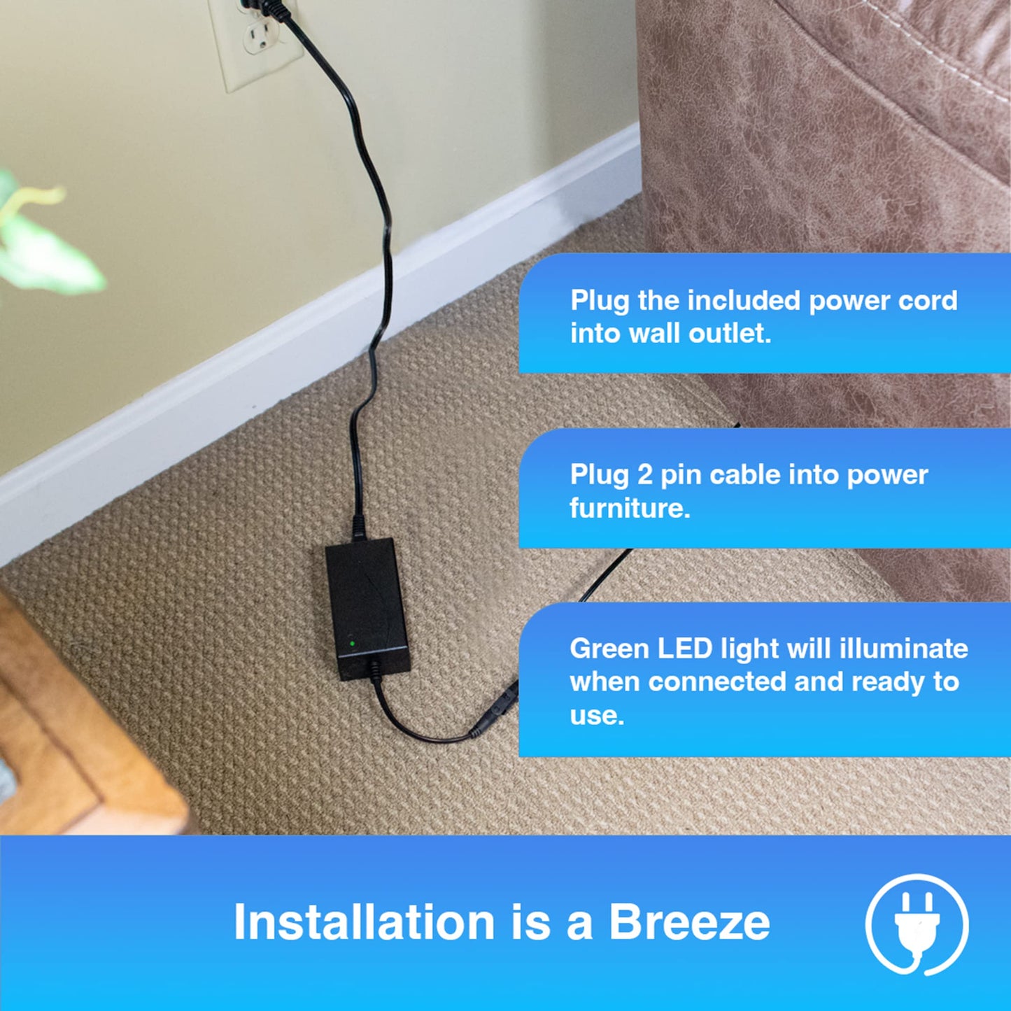 Pro Motion Power Furniture Universal Power Supply for Recliner, Sofa, Loveseat - 29V 2A AC/DC Adapter with Wall Cord